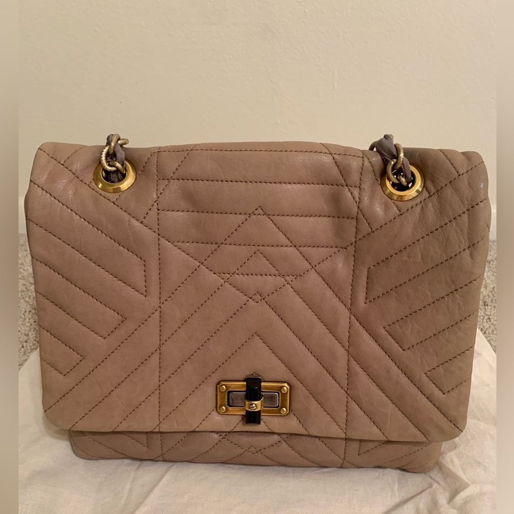 Authentic Lanvin “Happy Classic” Taupe Lambskin Medium Shoulder Bag
